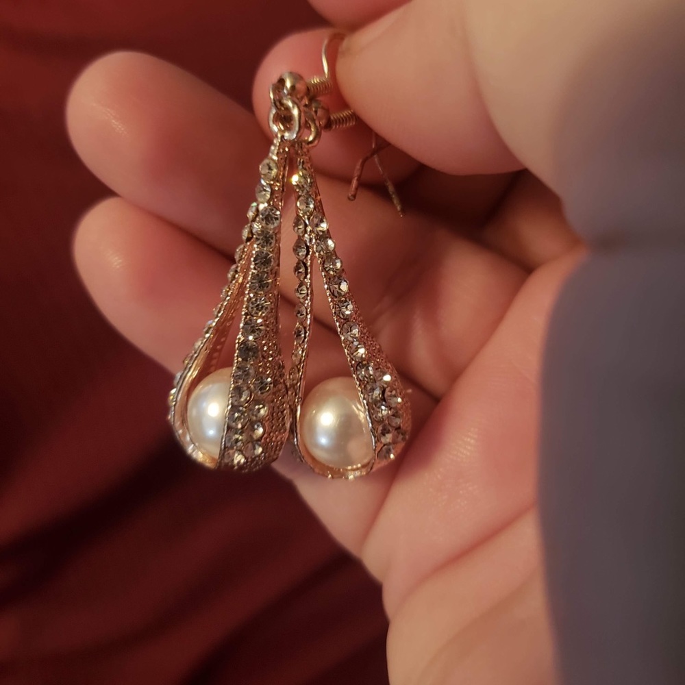 Pearl and cz gold earrings